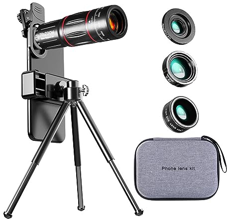 4 en 1 Kit de lentilles de caméra, 28X téléobjectif+20X Macro Lens+0.6X Wide Angle Lens + 198 ° Fisheye, avec trépieds, Photographie Amusante pour iPhone, Samsung, Sony et la Plupart des Smartphones
