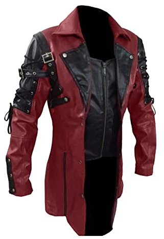 Manteau frack pour homme - Veste en cuir - Steampunk - Gothique - Jupe de marche - Imprimé Renaissance - Fête - Veste de smoking médiévale victorien - Blazer - Uniforme pour homme - Punk, rouge, S