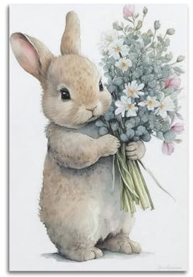 Poster décoratif sur toile pour chambre de petite fille tenant un bouquet de fleurs - Affiches murales décoratives modernes pour chambre à coucher (30 x 45 cm)