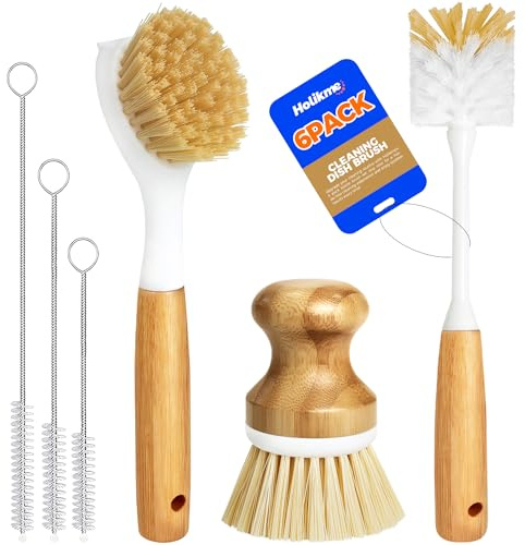 Holikme 6 Pack Dish Brush Scouring Pad Set with Bottle Brush, Dish Brush, Palm Scrub Brush and Straw Brush, Dish Scrubber Long Handle for Dish Bottle Cup Skillet Wok Pot Pan Cast Iron, Yellow