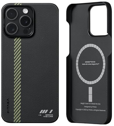 PITAKA Magnetic Case Compatible with iPhone 15 Pro Max Aramid Fibre Ultra Thin and Light Amber Magnet Film Protective Case with Visualised Magnets and 3D Texture Feel [MagEZ Case 5] Break the Line