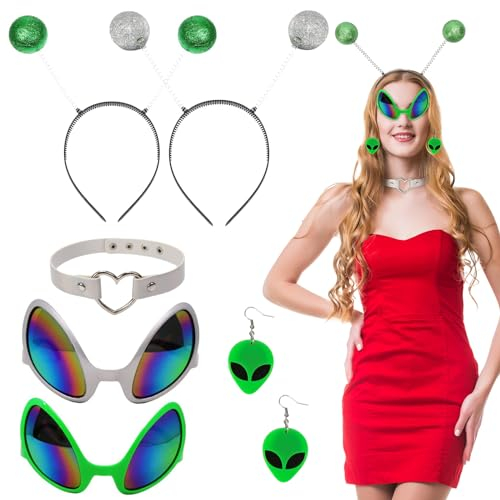 TGFIX 6 Stück Alien Kostüm Halloween Alien Space Kostüm mit Alien Haarreifen Martian Antenne Stirnband Alien Brille Alien Ohrringe Alien Kostüm Zubehör für Erwachsene Kinder Halloween Karneval