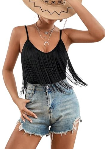 Damen Bodysuit Mit Fransen - Sexy Ärmellose Spaghetti Bauchweg Bluse Tops Elegant Body Shaper Sculpting Tanga Kleidung V Ausschnitt Rave Festival Outfit Shirt Sommer Shapewear Clothe(Black,M,107421r)