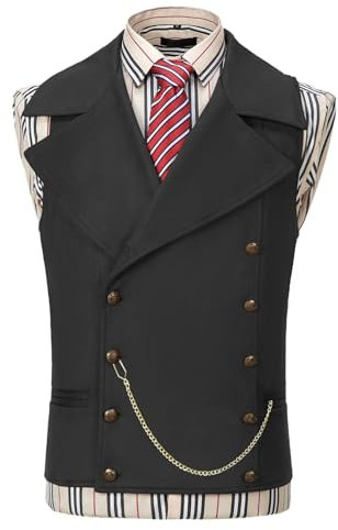 AeoTeokey Costume en daim pour homme - Gilet à double boutonnage - Gilet de cowboy classique en cuir synthétique - Grand revers, Noir , L