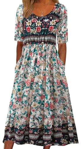 ABYOVRT Damen Kleider Lose Sommerkleid Lang Freizeitkleid Bohe Midikleid für Rundhals Strandkleid Blumenkleid Midi Kleid mit Taschen,L
