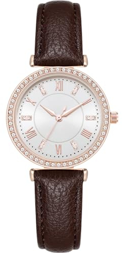 NUOVO Damenuhren Damen Quarz Armbanduhr mit Luxus Kristalldiamanten für Frauen Mädchen Elegantes Braunes Lederarmband Tägliches Leben wasserdichte Damenuhr Ideale Wahl für Geschenke