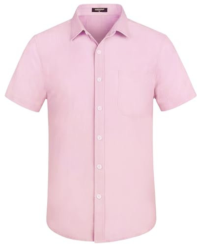 HISDERN Chemise Homme Manches Courtes Été Coton Lin Chemises Casual Couleur Unie Chemise avec Poche Rose 2XL