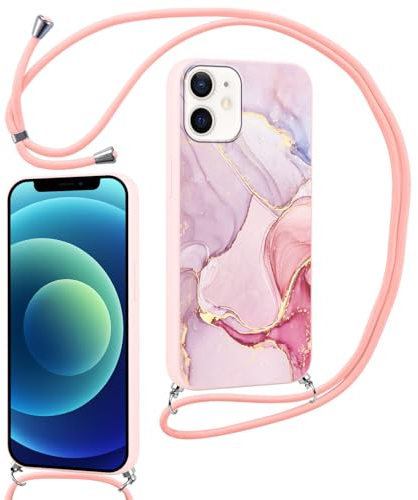 ZhuoFan Handykette Handyhülle für iPhone 12 Mini Hülle mit Band, Aesthetic Rosa Marmor Motiv Schutzhülle mit Kordel zum Umhängen, Weich TPU Silikon Stoßfeste Necklace Lanyard Case