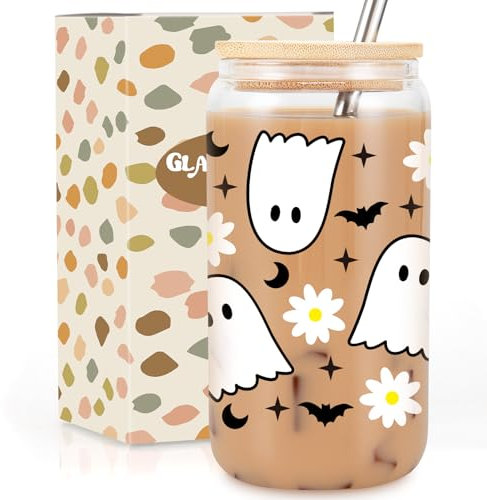 GSPY Cute Ghost Cups, 16oz Halloween Glass Cups with Lids and Straws, Spooky Bat Daisy Iced Coffee Tumbler, Fall Coffee Mug - Boo Basket Stuffers, Halloween Gifts for Women, Adults, Girls, Her