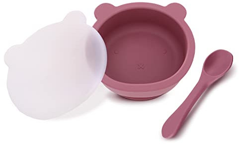 Miracle Baby Bol Ventouse pour Bébé en Silicone, Bol Enfant avec Couvercle et Cuillère, Vaisselle Bebe Anti-Dérapante, Sans BPA (Rouge)