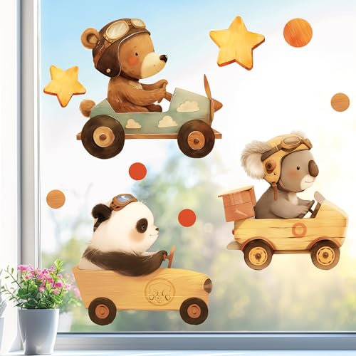 Sunnywall Fensterbilder Herbst für Kinder Tiermotive in Holz-Optik | Autos & Tiere als statisch haftende Fenstersticker, WIEDERVERWENDBAR (Bär, Koala & Panda, DIN A2 Bogen)