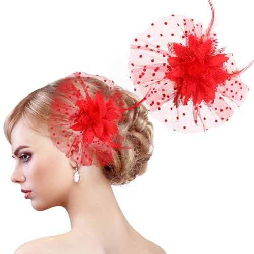 MWOOT Feder Blume Haarspange, 1920er Fascinator Feder Schleier Haarnadel für Damen, Rot Blumen Mesh 20er Jahre Haarschmuck für Karneval Halloween Cocktail Hochzeit Tee-Party Accessoires