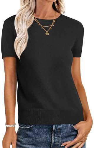 ANRABESS Womens Short Sleeve Sweaters Wool Blend,Black,M