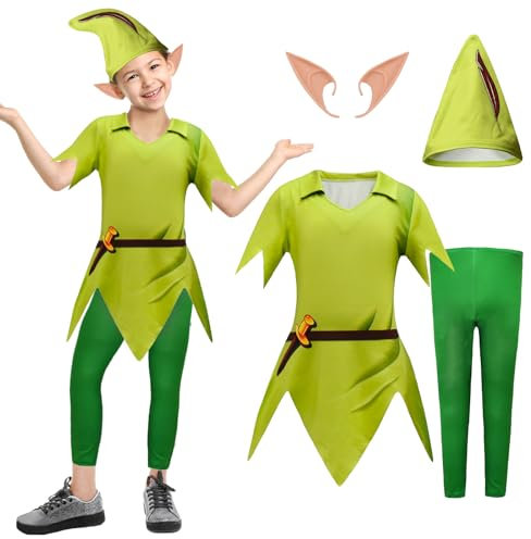 4PCS Peter_Pan Costumes Set for Kids, Classic Character's Dress Up Costumes Set with Tunic Top, Trousers, Elf Ears, Hat, Fancy Dress Costume for World Book Day Halloween Cosplay Dress Up Day