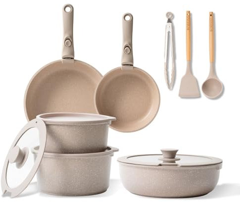 BOREINE Batterie de cuisine, Set induction casserole et poêle tout feux avec couvercle, Lot poêle avec poignée amovible, Revêtement antiadhésif, Compatible au four (Marron 14 Pce)