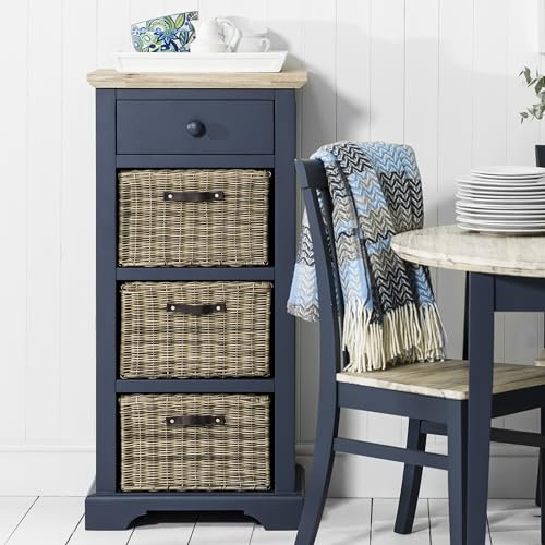 Florence Tallboy Storage Unit with Drawer and 3 Baskets | Limed Acacia Wood Top | 54W x 42D x 113H cm | Fully Assembled Kitchen Hallway Dining Room Furniture (navy blue)