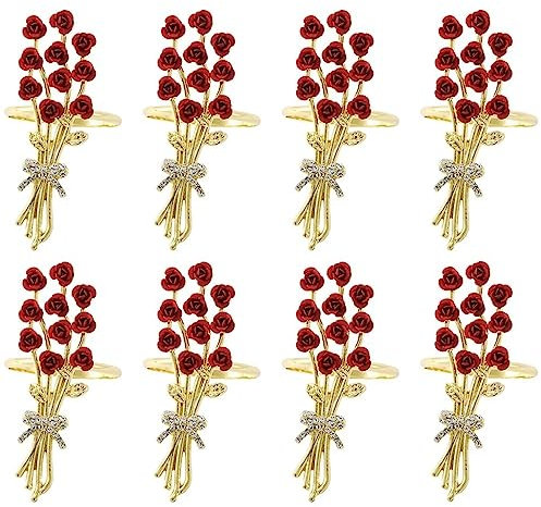 Serviettenringe, Serviettenringe-Set, 2–8 Stück, optional romantischer Rosenstrastrauß-Serviettenknopf, Esstisch-Legierung, Art Deco, Hochzeitsbedarf (Farbe: Gold+Rot, Größe: 3 Zoll*8 Stück)