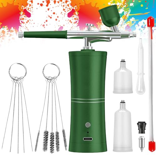Tragbare Airbrush Kit, Wiederaufladbare Handheld Airbrushpistole mit Bürste, Mini Airbrush mit Kompressor für Nageldesign Kuchendekoration, Makeup, Tattoo-Modellierung, Modellfärbung (Grün)