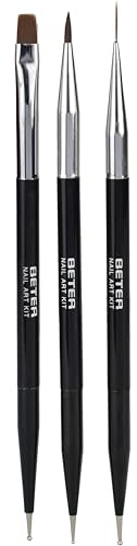 Beter - Set of 3 Dual-Ended Nail Art Brushes, Professional Nail Brush and Dotting Tool, Ideal for French Manicure, Fine Details and Gradients, Nail Art Decoration Kit, Nail Design