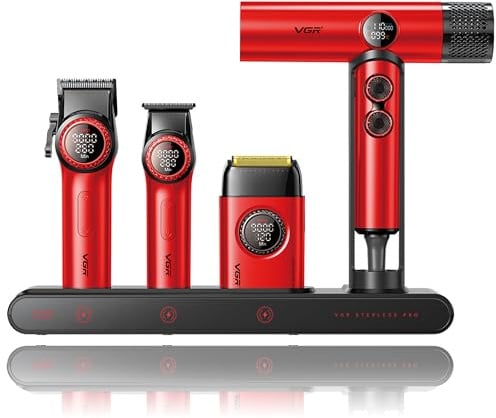 VGR Professional Barber Combo, 4 in 1 Set mit Haarschneider, Folienrasierer | Schnurlose Friseurschermaschine zum Haarschneiden, Karbonstahlklinge Haarschneider für Barbiere, LED-Anzeige