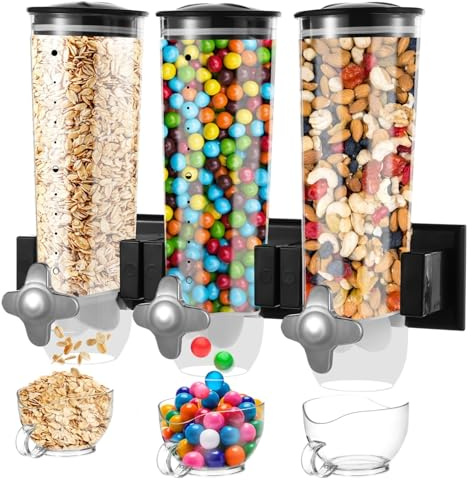 wkao Distributore di cibo secco a parete a 3 teste, 4,5 l, trasparente, per cereali, caffè, snack, noci e cereali