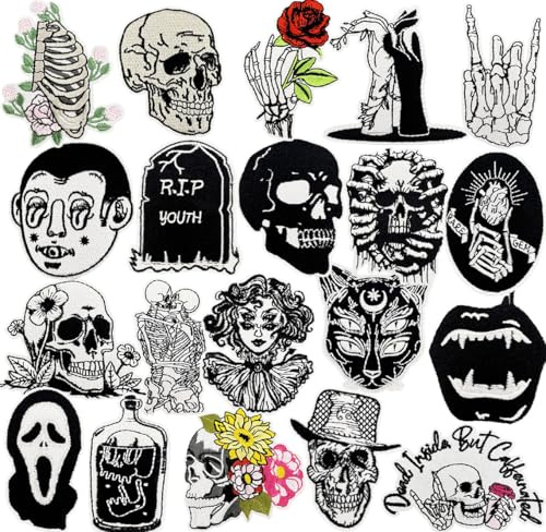 20 PCS Goth Iron On Embroidered Patches Punk Cool Skull Rose Sew On Applique Gothic Patches for Backpacks Pants Clothes Jeans Vests DIY Decoration Uniforms Dress Bags Hat Jackets Coat