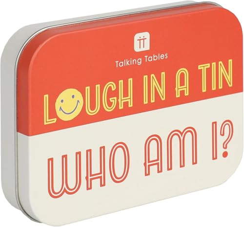 Talking Tables Kid Travel Games Laugh in a Tin “Who Am I?” Party Game, Guess-the-Character Challenge Cards in a Portable Tin, Ideal for Parties, Family Fun, Stocking Filler Ages 7+, Players 2+