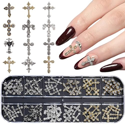 Kreuz Nagel Charms,60 Stück Gold/Silber Metall Kreuz Charms für nägel,Legierung Nagel Nieten und Strasssteine für Maniküre Design Dekorationen DIY Handwerk (F Gold Silber)