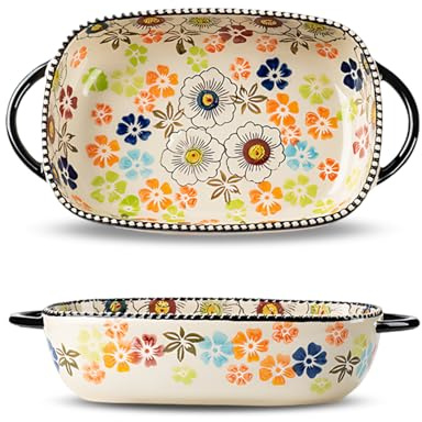 Ceramic Baking Dish 600ml, Rectangular Oven Dishes with Handle (1 Piece) | Embossed Hand Painted Floral Ceramic Cookware for Lasagna, Roasts, Serving (23.8 x 13.2 x 5.2 cm)