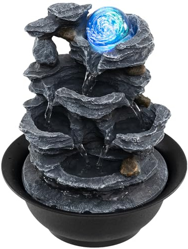 Giantex Tabletop Water Fountain with Rotating Crystal Ball & LED Lights, Tiered Rock Waterfall with Pump, Zen Meditation Desktop Decor for Office, Home Relaxation (Layered Bowl Cascade)