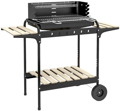 Outsunny Barbacoa de Carbón con Ruedas Barbacoa Portátil 103x47x95 cm con Parrilla Ajustable en Altura de 5 Niveles Estantes y 6 Ganchos para Pícnic Camping Negro