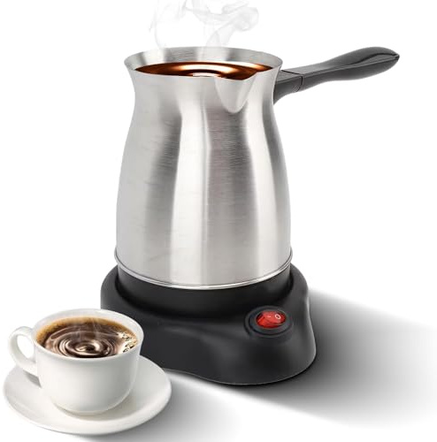 600ml Electric Turkish Coffee Pot 20Oz Turkish Coffee Maker with Ergonomic Anti-scald Handle 5 to 6 Cups Stainless Steel Heating Tea Maker Kettle Tea Milk Pot for Home Travel
