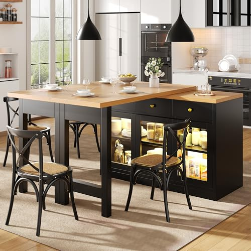 Huayz Mesa de bar extensible con espacio de almacenamiento, mesa alta giratoria 360° con mesa plegable, 3 puertas y 3 cajones, isla de cocina, para salón, comedor, 120-200×40×75.5 cm