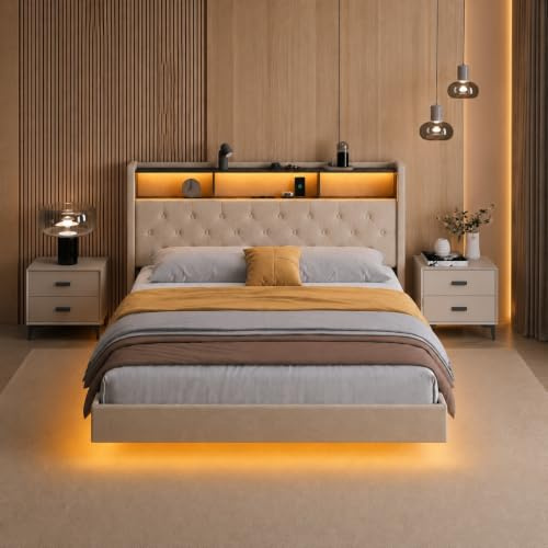 Xbro Polsterbett 140x200 cm mit LED-Beleuchtung & Ladestation (USB/Steckdose), schwebende Optik, gepolstertes Kopfteil mit Stauraum, Lattenrost, Beige (ohne Matratze)