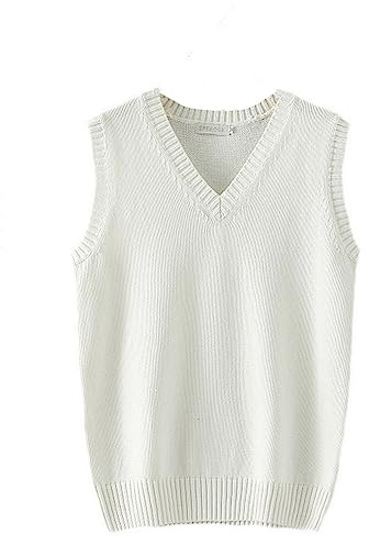 Herren Damen Gestrickte Baumwolle V-Ausschnitt Weste JK Uniform Pullover Ärmellos Pullover Schule Cardigan, reines Weiß, L