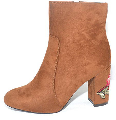 Malu Shoes Tronchetto Donna Alto camoscio Marrone con Zip Ricamato con Rose Tacco Largo (40 EU)