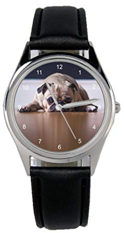 KIESENBERG Armbanduhr Mops Geschenk Artikel Idee Fan Damen Herren Unisex Analog Quartz Lederarmband Uhr 36mm Durchmesser B-20575