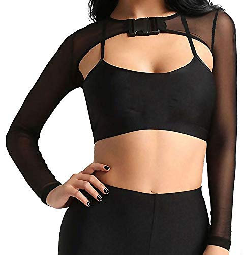 Ypser See Through Mesh Crop Top Sheer Open Front Shrug Fishnet Arm Sleeves Shirts with Release Plastic Buckles Black