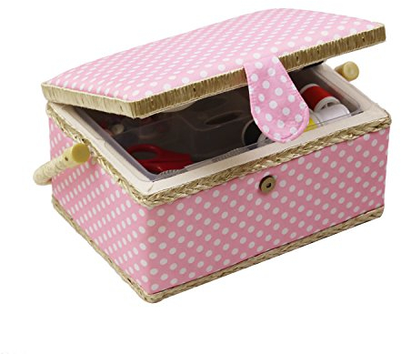 Nähkorb mit Zubehör, Nähkästchen aus Holz, Organizer für Nähzubehör, Aufbewahrung, DIY-Nähset, Werkzeuge zum Nähen, Flicken, Rosa mit Punkten