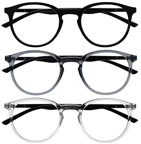 OPULIZE Met-Brille Blaulichtfilter 3er Pack Schlank Runder Rahmen Federscharniere Verbessert Schlaf Computerbrille Gaming Entspiegelt Schwarz Grau Transparent Herren Damen BBB60-17C +2.00
