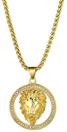 JewelryWe Schmuck Halskette Herren Löwe Löwenkopf Strass Runde Kreis Edelstahl Anhänger mit Weizen Kette für Männer