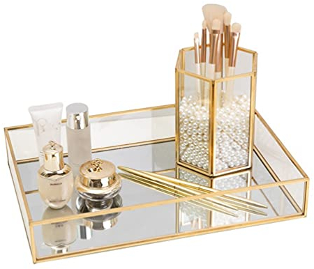 Gold Mirror Perfume Display Jewelry & Makeup Organizer - Art Decor Ornate Tray (30 * 20 * 5.5cm) - Suitable For Vanity, Closet, Dresser