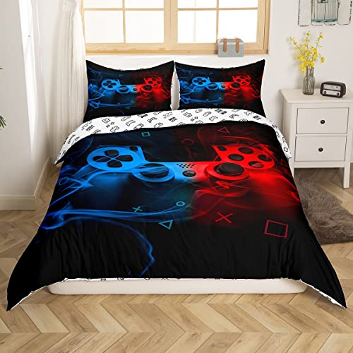 Teens Spieler Bettbezug 135x200,Jungen Spiel Joysticks Reversibel Bettwäsche-Set,Kinderspielkonsolen-Trösterbezug,Gampad Videospiele Tagesdecken,Alte Retro Spielmaschine Schlafzimmer Dekor Rot Blau