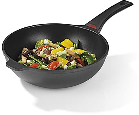 N8WERK Aluguss-Wokpfanne in der Midnight Edition 28 cm | Heat Indicator Farbwechsel-Temperaturanzeige, 3-fach Ilag-Ultimate Beschichtung für fettarmes Braten | Für alle Herdarten geeignet