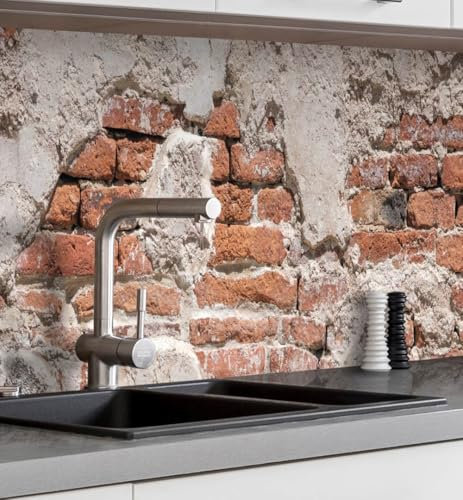 MyMaxxi Küchenrückwand Folie selbstklebend matt - einfache Montage ohne Bohren 0,4mm stark Versteift - Motiv Ziegelwand 02-60cm hoch - Spritzschutz Küche Klebefolie - Wand Mauer Stein 400 x 60cm