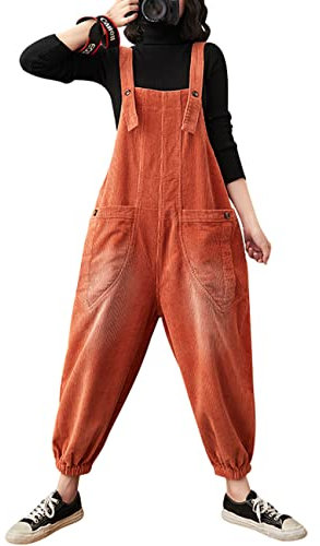 Bigassets Donna Salopette di Velluto a Coste Casuale Tute Larghe con Tasche Orange XL
