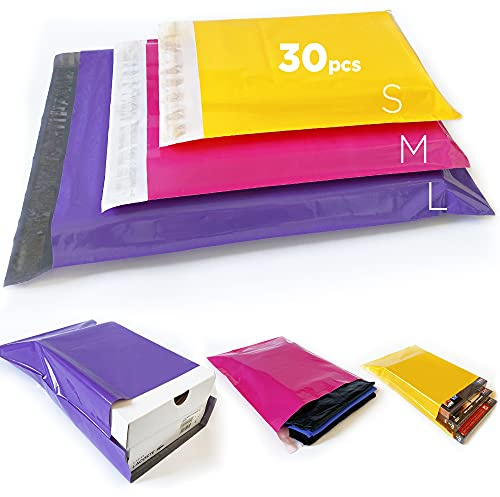 Kunststoffumschläge, farbige Versandtaschen, Vinted-Pakete für Kleidung, Buch, Schuhbox, Versandtaschen (32 x 45 cm, 25 x 35 cm, 20 x 30 cm, Violett, Rosa, Gelb, 30 Stück)