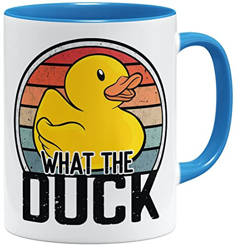 OM3® What the Duck Tasse amusante, avec canard, inscription en allemand « Statement », en céramique, 325 ml, Imprimé des deux côtés, bleu clair