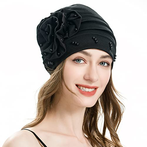 ZLYC Damen Summer Beanie Mütze Elastischer Chemo Hut mit Blumen(Blume Schwarz)