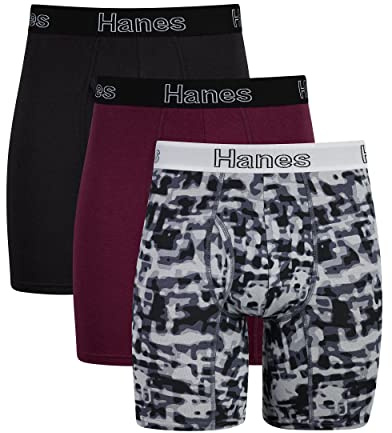 Hanes Men's Comfort Flex Fit Boxer Brief Pack, Supportive Pouch, 3-Pack, Black/Cranberry Concrete - 3-pack, S